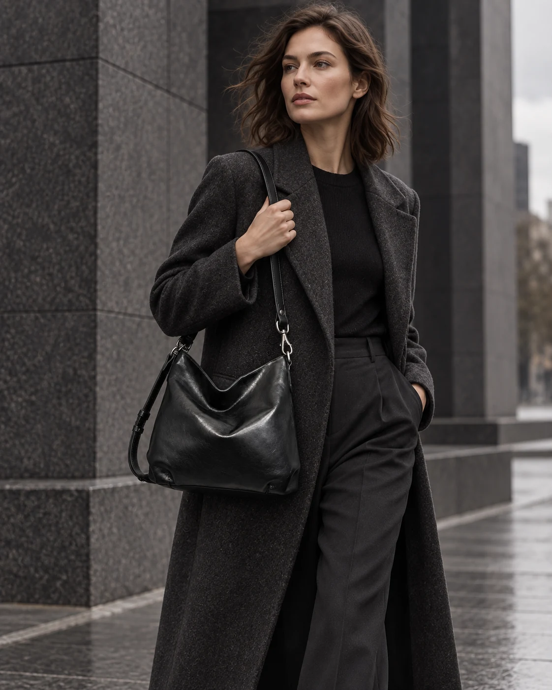 Woman wearing a black leather shoulder bag