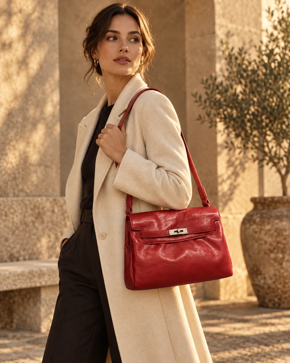 Woman wearing a red top-grain cowhide shoulder bag
